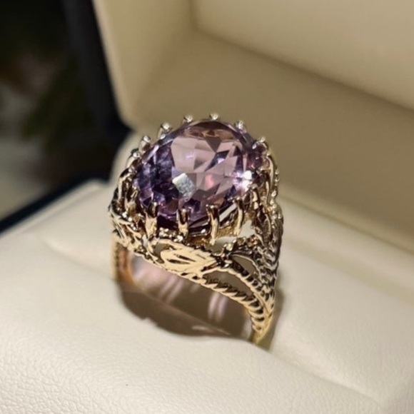 ‼️SOLD‼️ Estate Giant Amethyst Ring Solid 14k Gold caged prongs Filigree Ring - Picture 14 of 16